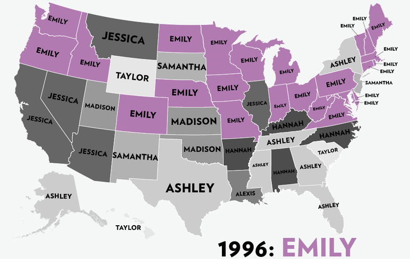 Illustration for article titled Map: Six Decades of the Most Popular Names for Girls, State-by-State
